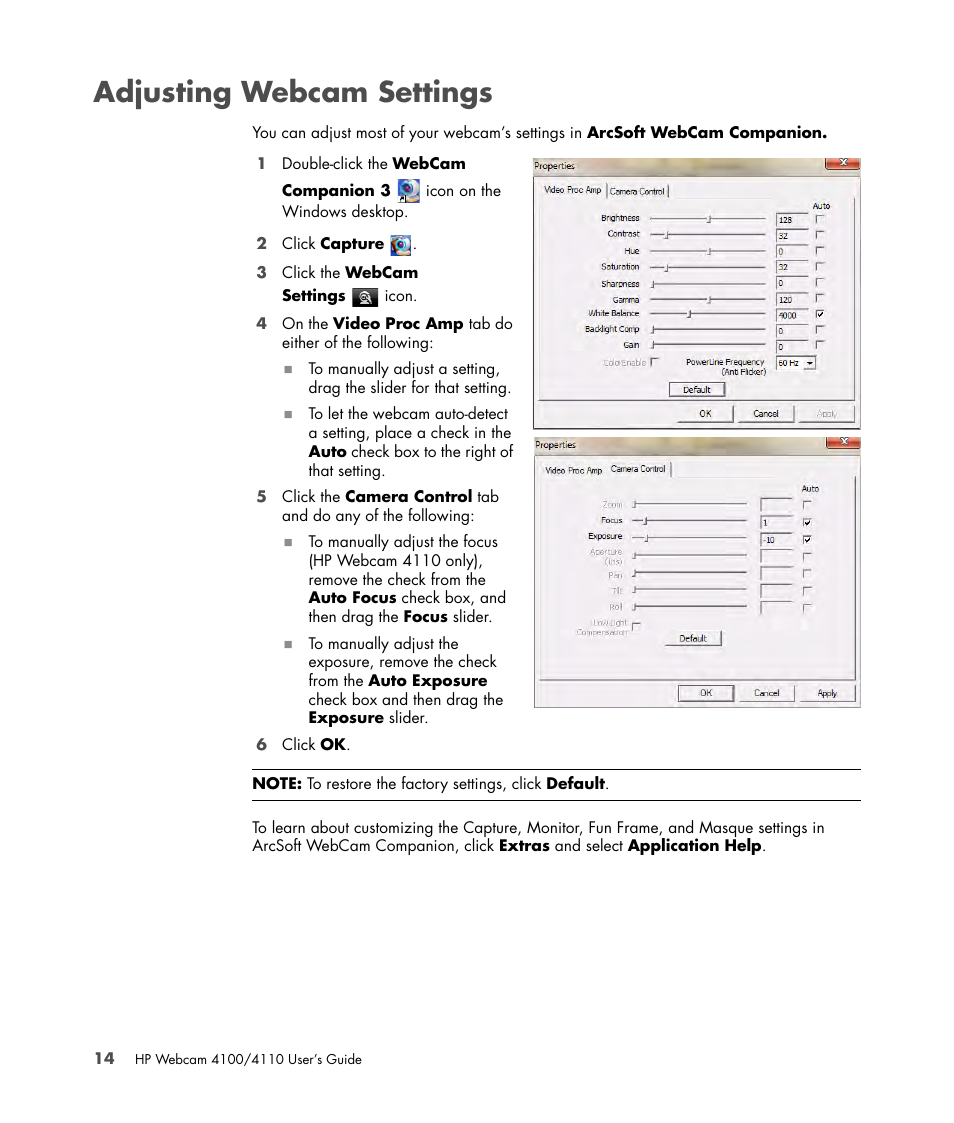 Adjusting webcam settings | HP HD-4110 Webcam User Manual | Page 18 / 22