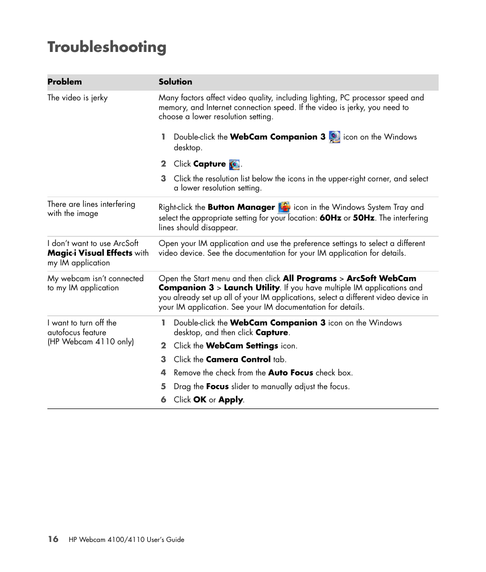 Troubleshooting | HP HD-4110 Webcam User Manual | Page 20 / 22