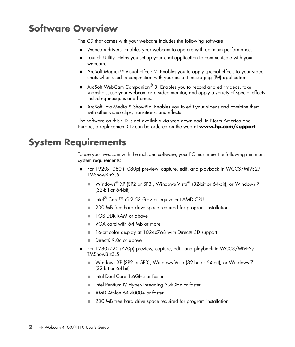 Software overview, System requirements, Software overview system requirements | HP HD-4110 Webcam User Manual | Page 6 / 22