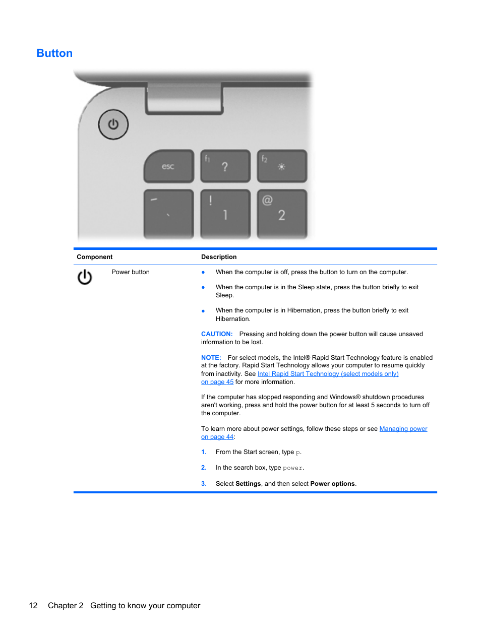 Button | HP Spectre Ultrabook 14-3210nr User Manual | Page 22 / 96