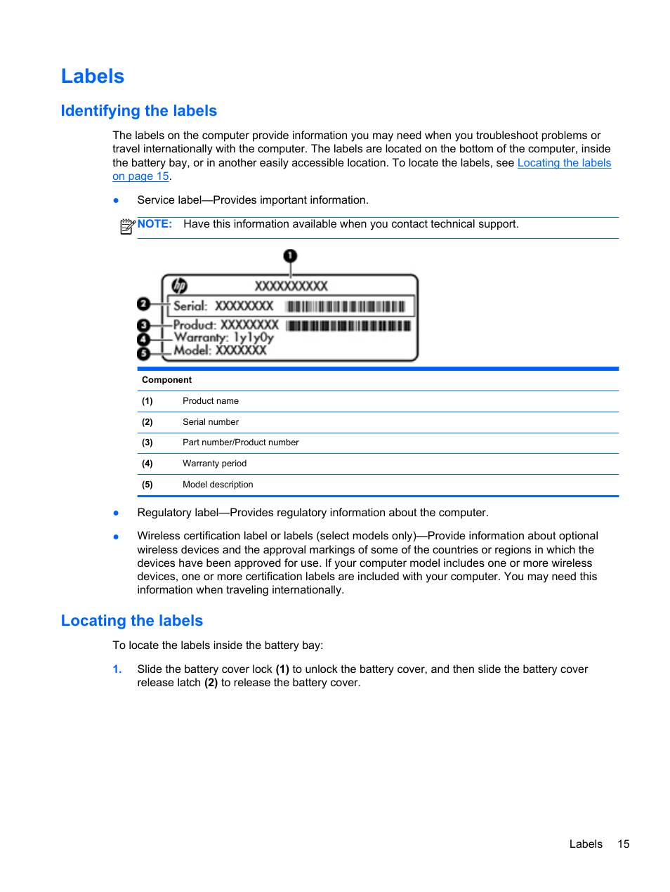 Labels, Identifying the labels, Locating the labels | Identifying the labels locating the labels | HP Spectre Ultrabook 14-3210nr User Manual | Page 25 / 96
