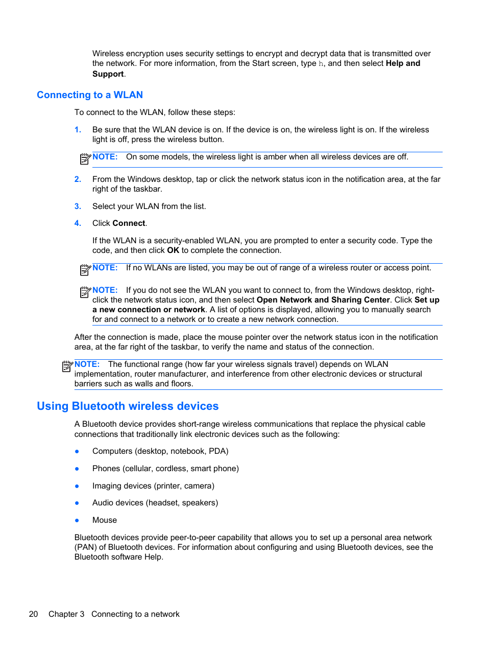 Connecting to a wlan, Using bluetooth wireless devices | HP Spectre Ultrabook 14-3210nr User Manual | Page 30 / 96