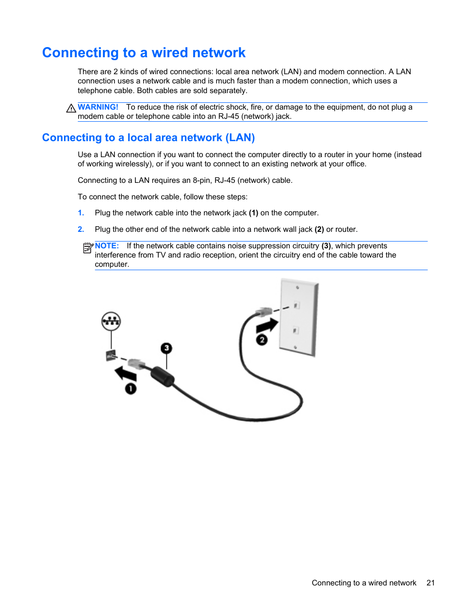 Connecting to a wired network, Connecting to a local area network (lan) | HP Spectre Ultrabook 14-3210nr User Manual | Page 31 / 96