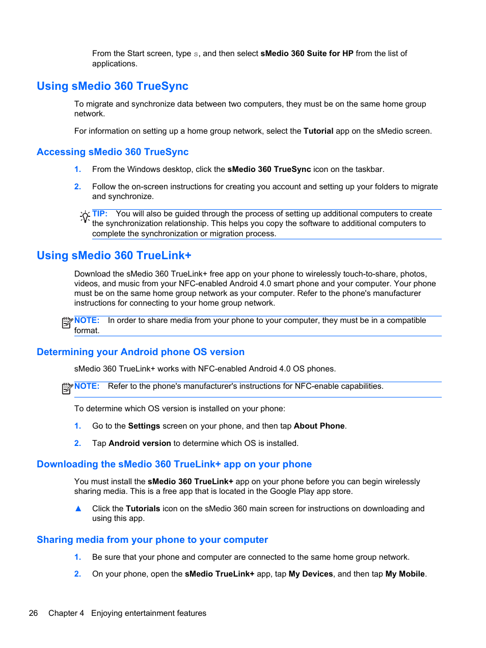 Using smedio 360 truesync, Accessing smedio 360 truesync, Using smedio 360 truelink | Determining your android phone os version, Sharing media from your phone to your computer | HP Spectre Ultrabook 14-3210nr User Manual | Page 36 / 96