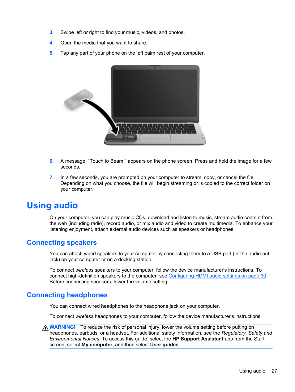 Using audio, Connecting speakers, Connecting headphones | Connecting speakers connecting headphones, Using | HP Spectre Ultrabook 14-3210nr User Manual | Page 37 / 96