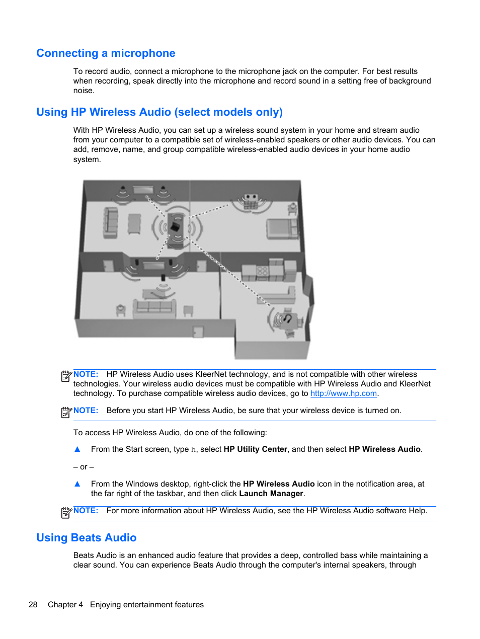 Connecting a microphone, Using hp wireless audio (select models only), Using beats audio | HP Spectre Ultrabook 14-3210nr User Manual | Page 38 / 96