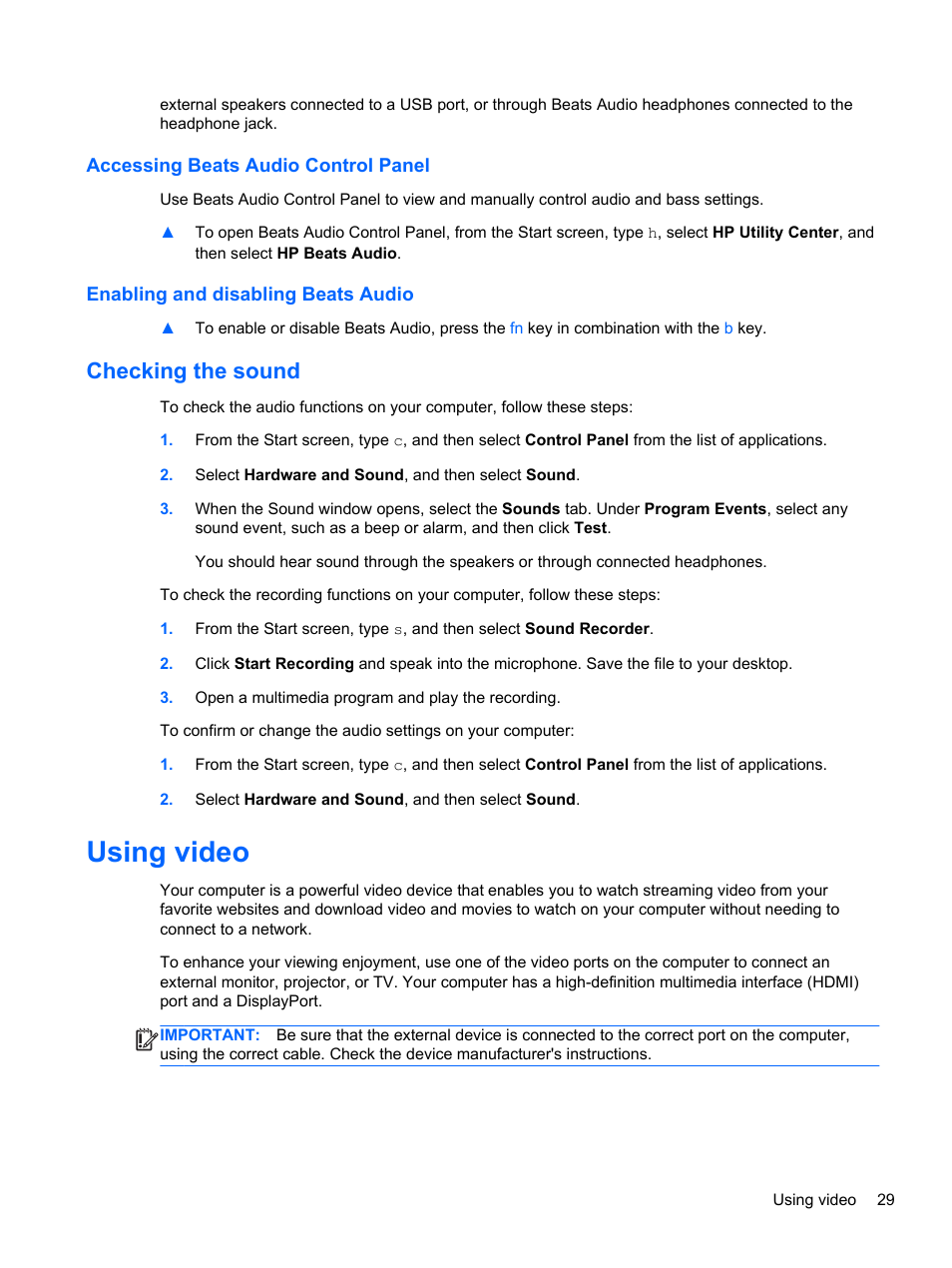 Accessing beats audio control panel, Enabling and disabling beats audio, Checking the sound | Using video | HP Spectre Ultrabook 14-3210nr User Manual | Page 39 / 96