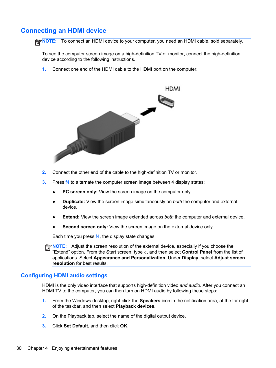 Connecting an hdmi device, Configuring hdmi audio settings, Connecting an hdmi | HP Spectre Ultrabook 14-3210nr User Manual | Page 40 / 96