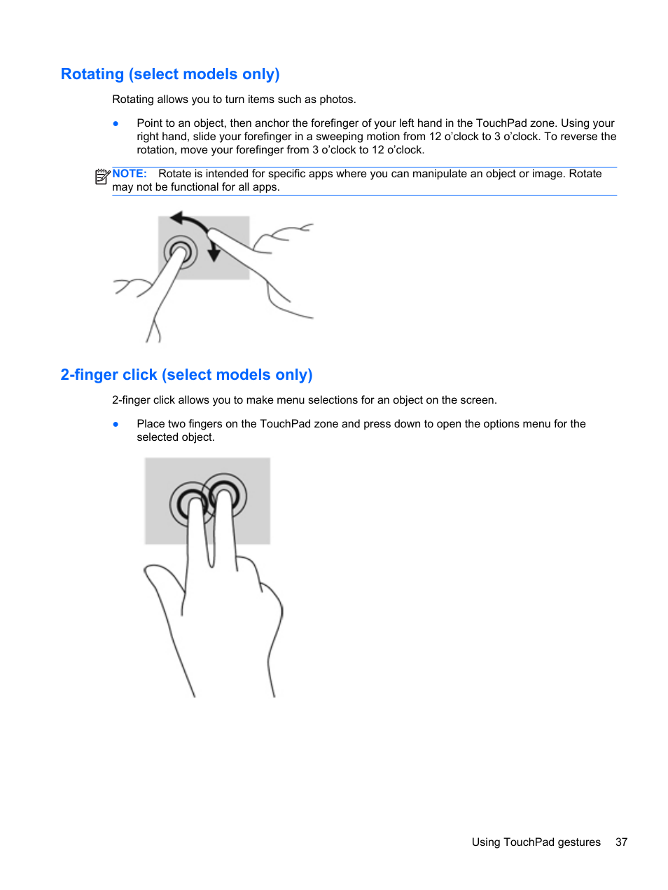Rotating (select models only), Finger click (select models only) | HP Spectre Ultrabook 14-3210nr User Manual | Page 47 / 96