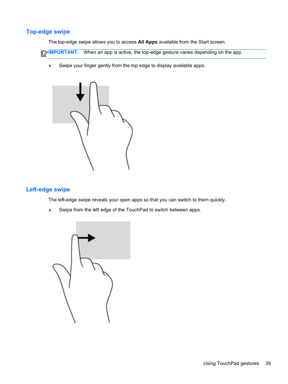 Top-edge swipe, Left-edge swipe, Top-edge swipe left-edge swipe | HP Spectre Ultrabook 14-3210nr User Manual | Page 49 / 96