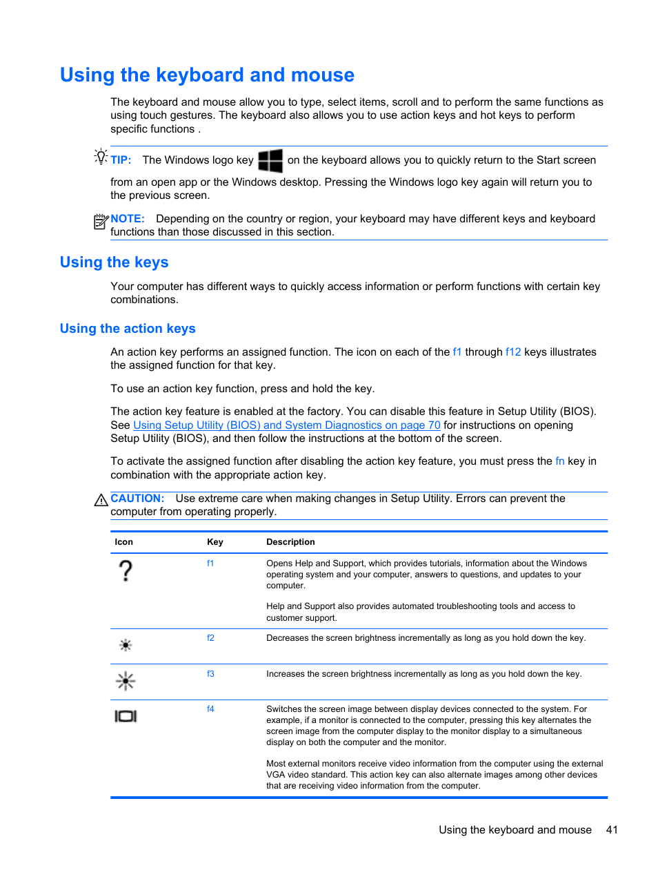 Using the keyboard and mouse, Using the keys, Using the action keys | HP Spectre Ultrabook 14-3210nr User Manual | Page 51 / 96