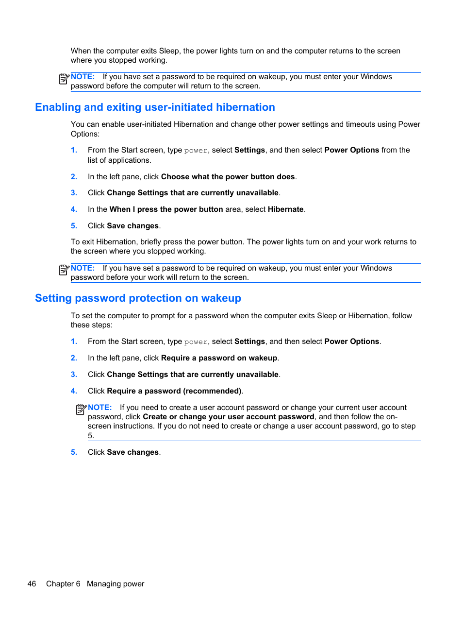 Enabling and exiting user-initiated hibernation, Setting password protection on wakeup, Information, see | HP Spectre Ultrabook 14-3210nr User Manual | Page 56 / 96