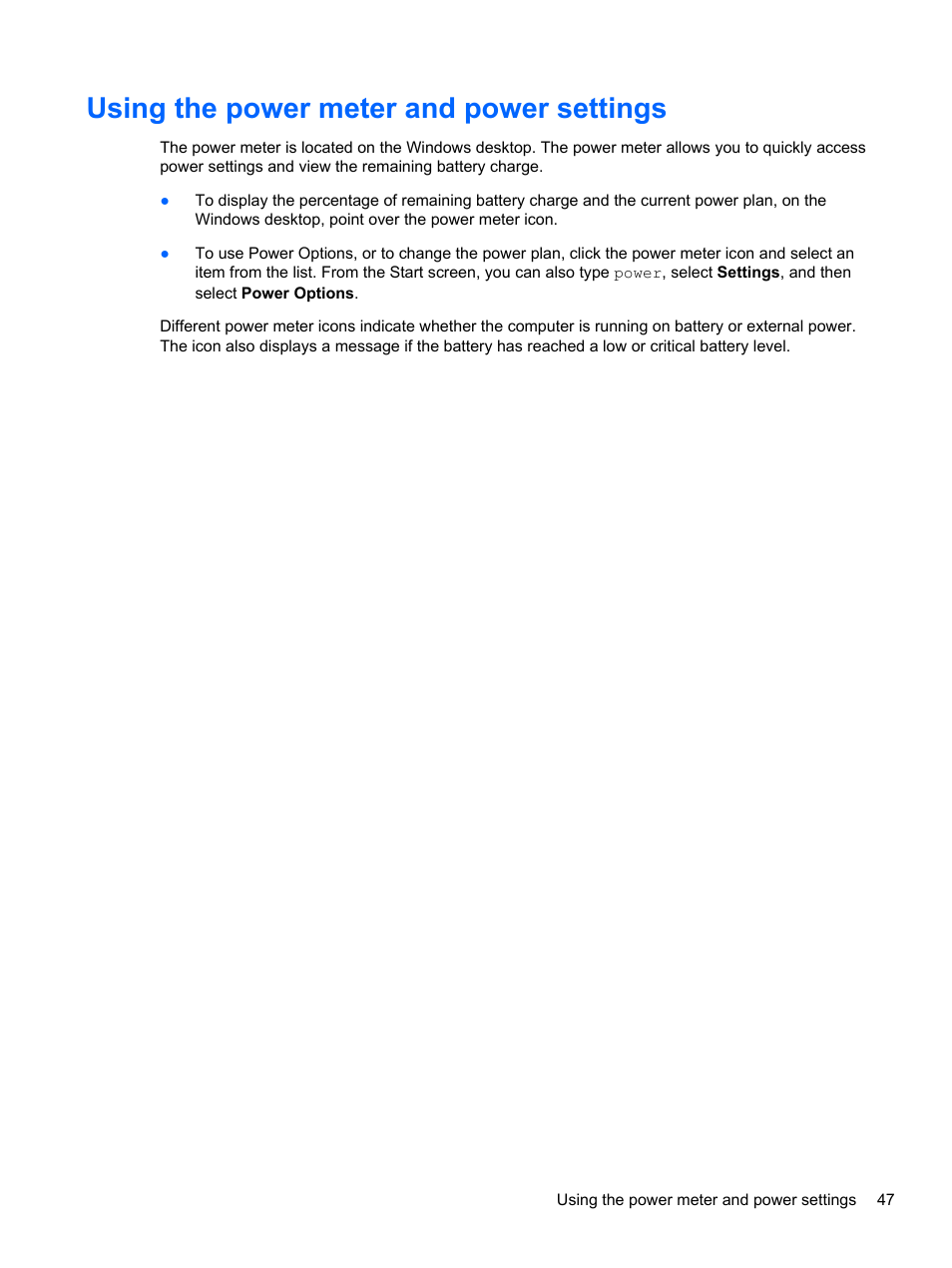 Using the power meter and power settings | HP Spectre Ultrabook 14-3210nr User Manual | Page 57 / 96