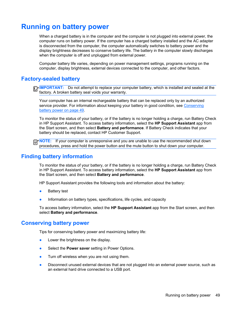 Running on battery power, Factory-sealed battery, Finding battery information | Conserving battery power | HP Spectre Ultrabook 14-3210nr User Manual | Page 59 / 96