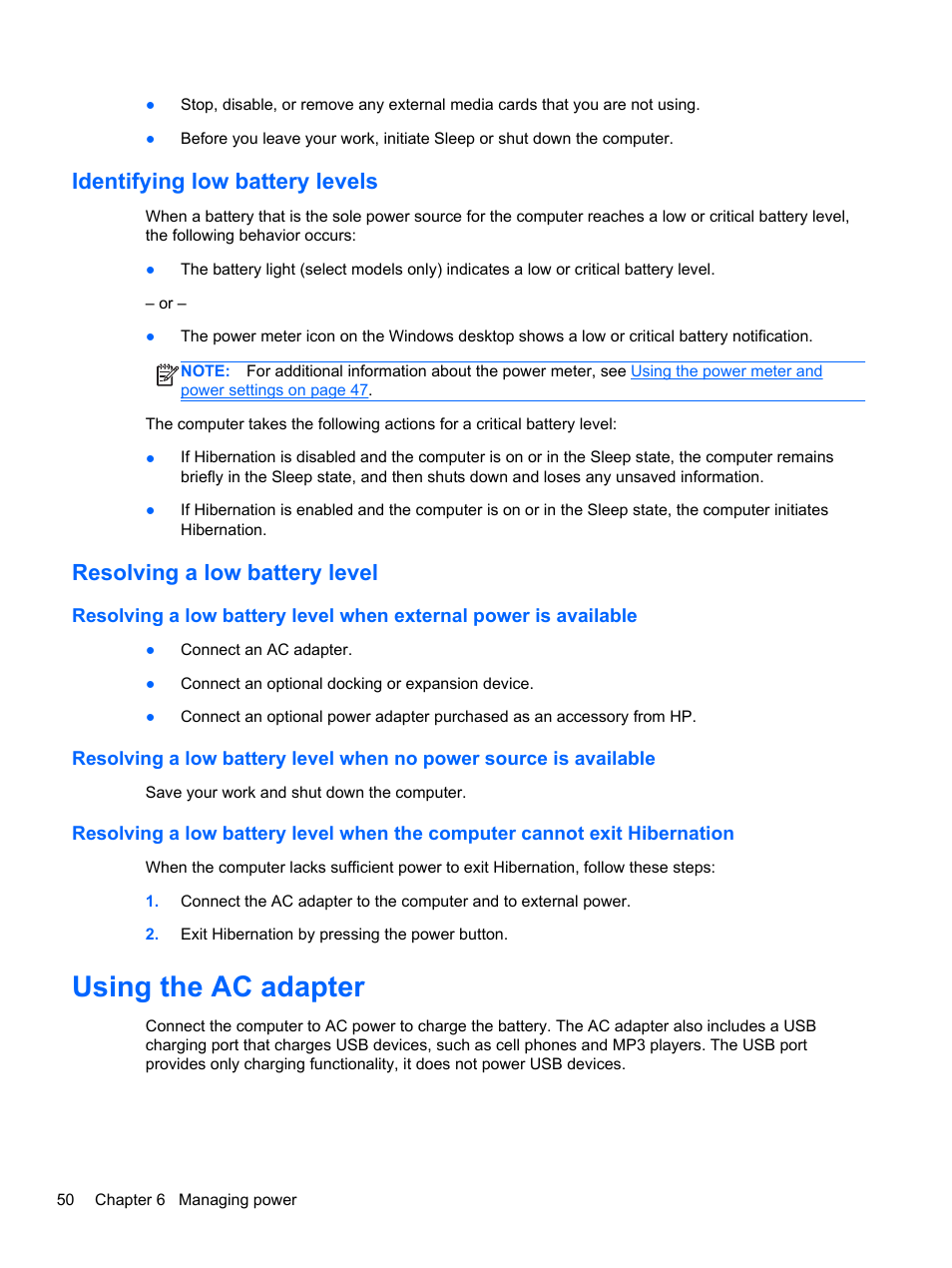 Identifying low battery levels, Resolving a low battery level, Using the ac adapter | HP Spectre Ultrabook 14-3210nr User Manual | Page 60 / 96