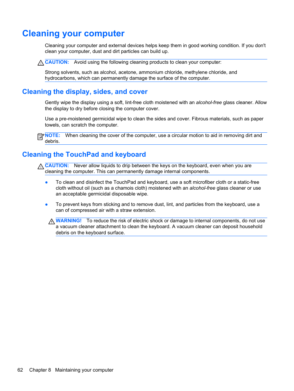 Cleaning your computer, Cleaning the display, sides, and cover, Cleaning the touchpad and keyboard | HP Spectre Ultrabook 14-3210nr User Manual | Page 72 / 96