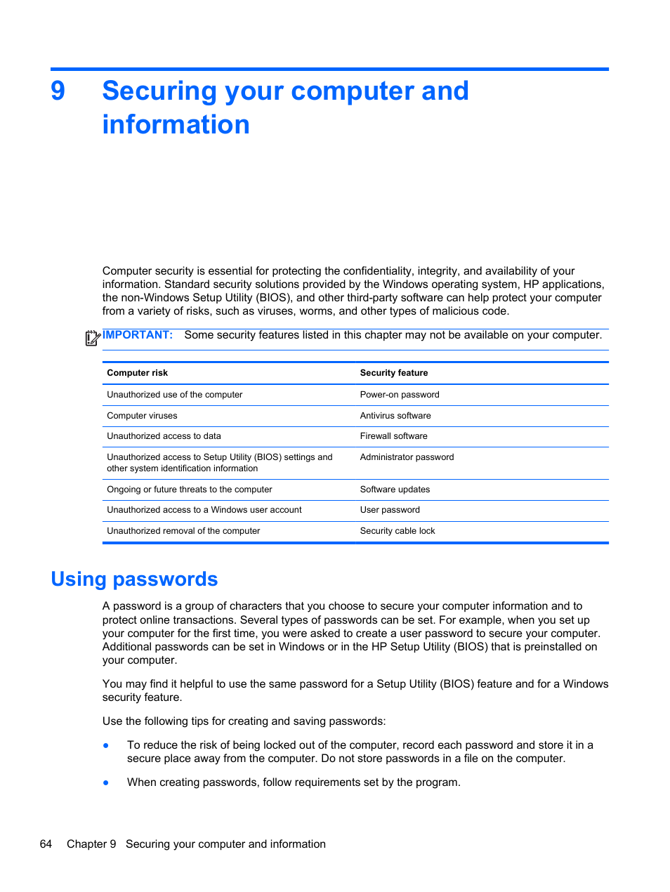 Securing your computer and information, Using passwords, 9 securing your computer and information | 9securing your computer and information | HP Spectre Ultrabook 14-3210nr User Manual | Page 74 / 96