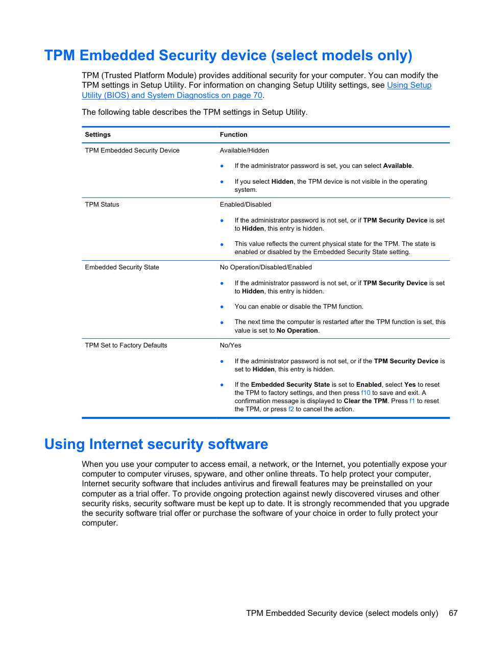 Tpm embedded security device (select models only), Using internet security software | HP Spectre Ultrabook 14-3210nr User Manual | Page 77 / 96