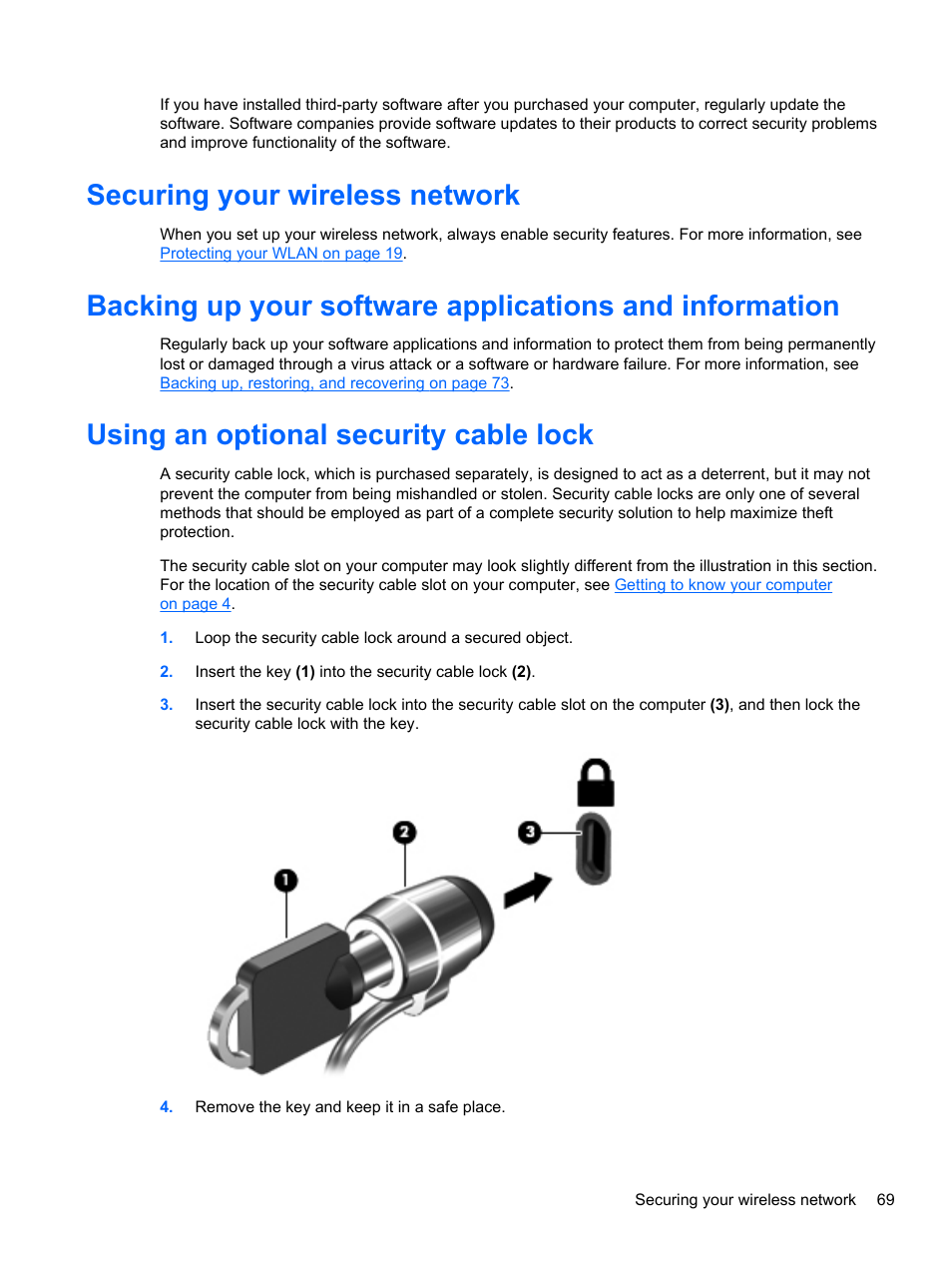 Securing your wireless network, Using an optional security cable lock | HP Spectre Ultrabook 14-3210nr User Manual | Page 79 / 96