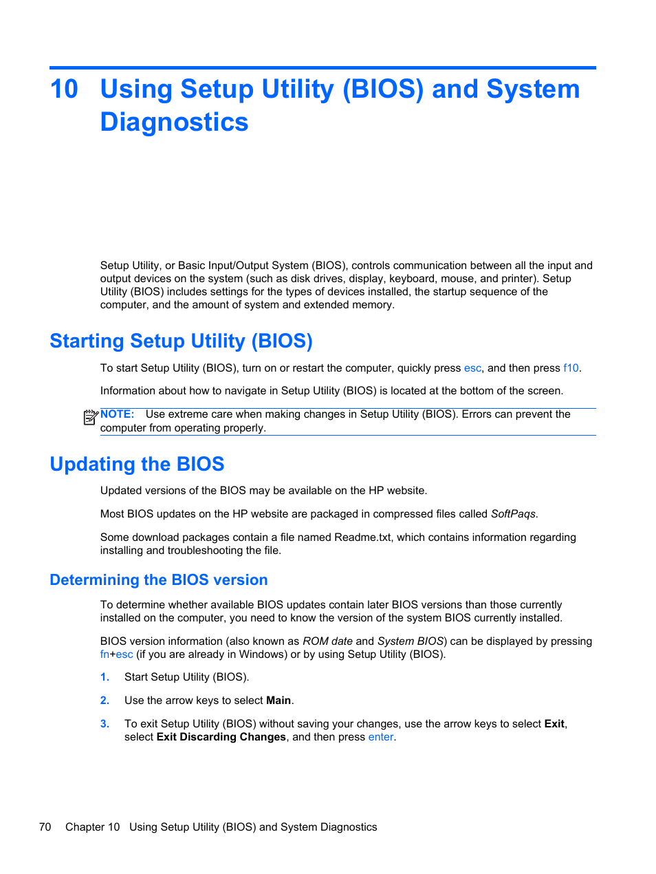 Using setup utility (bios) and system diagnostics, Starting setup utility (bios), Updating the bios | Determining the bios version, Starting setup utility (bios) updating the bios, Using setup utility (bios), Ty settings, see, Using setup | HP Spectre Ultrabook 14-3210nr User Manual | Page 80 / 96