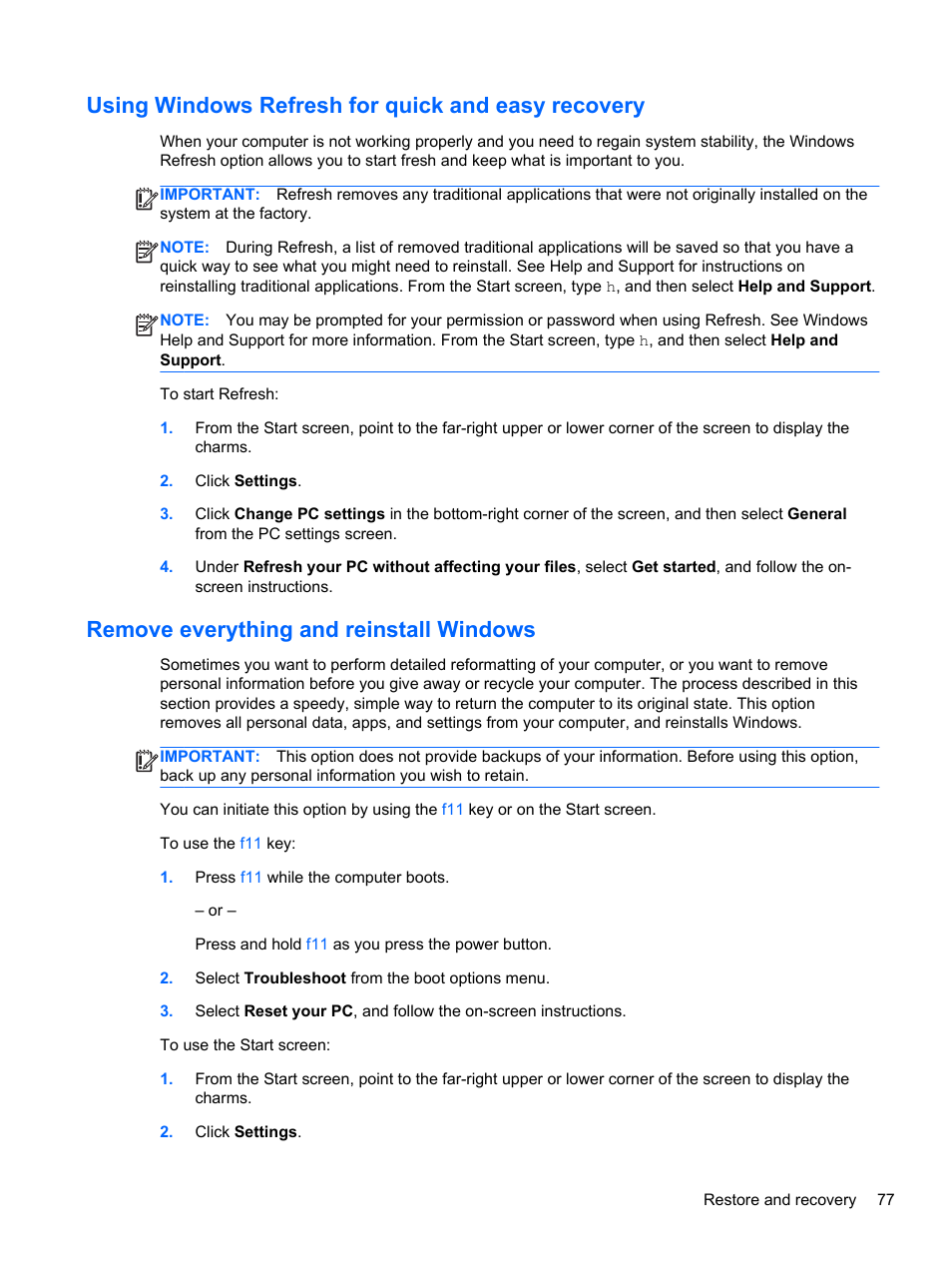 Using windows refresh for quick and easy recovery, Remove everything and reinstall windows | HP Spectre Ultrabook 14-3210nr User Manual | Page 87 / 96