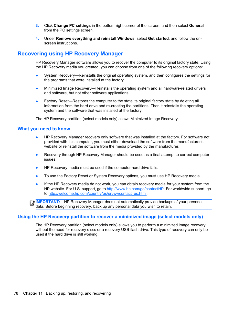 Recovering using hp recovery manager, What you need to know | HP Spectre Ultrabook 14-3210nr User Manual | Page 88 / 96