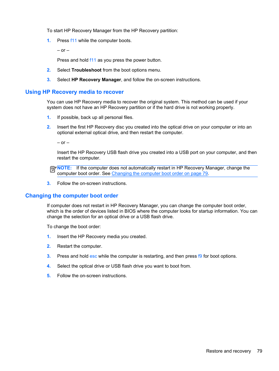 Using hp recovery media to recover, Changing the computer boot order | HP Spectre Ultrabook 14-3210nr User Manual | Page 89 / 96