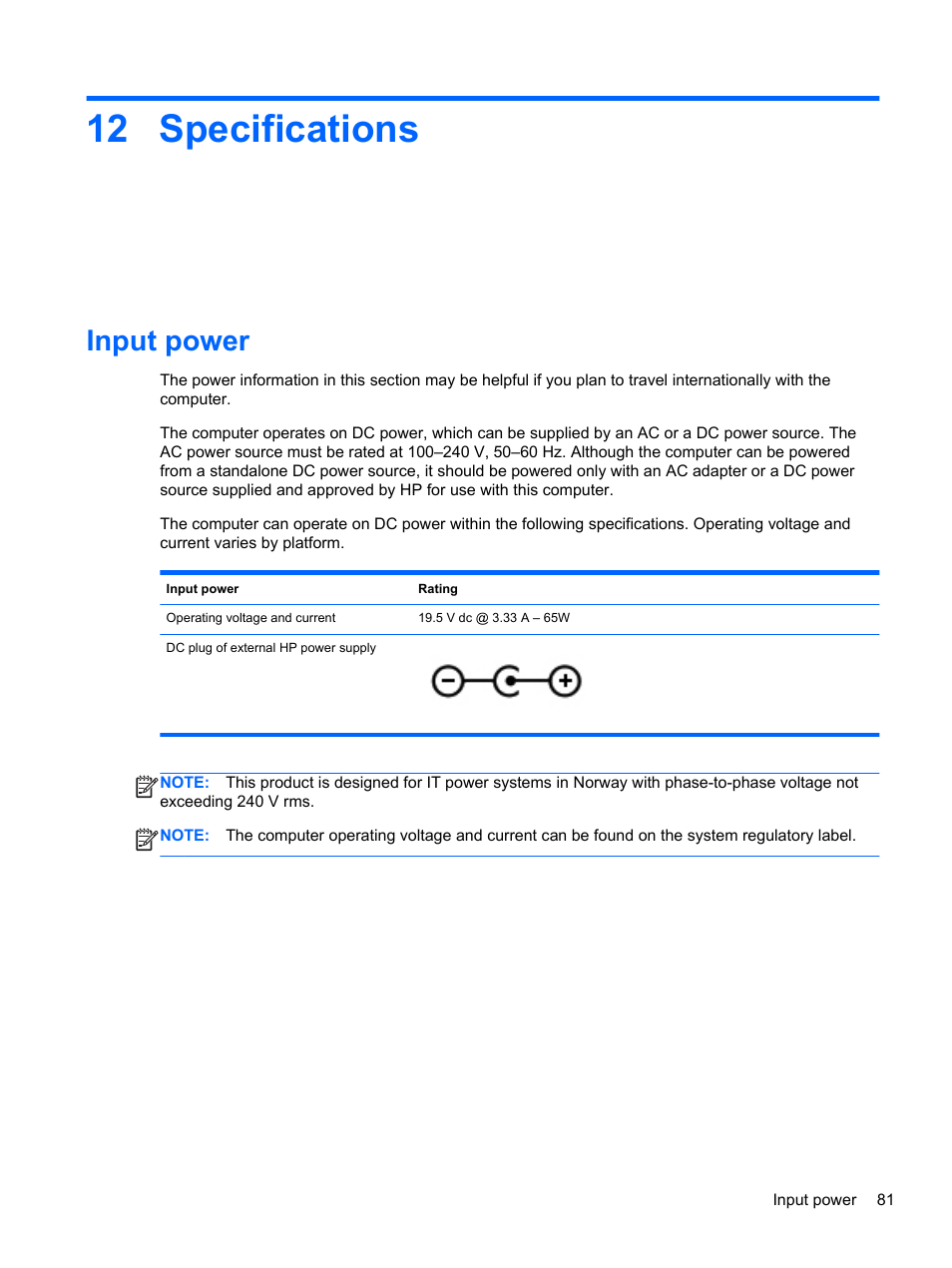 Specifications, Input power, 12 specifications | HP Spectre Ultrabook 14-3210nr User Manual | Page 91 / 96