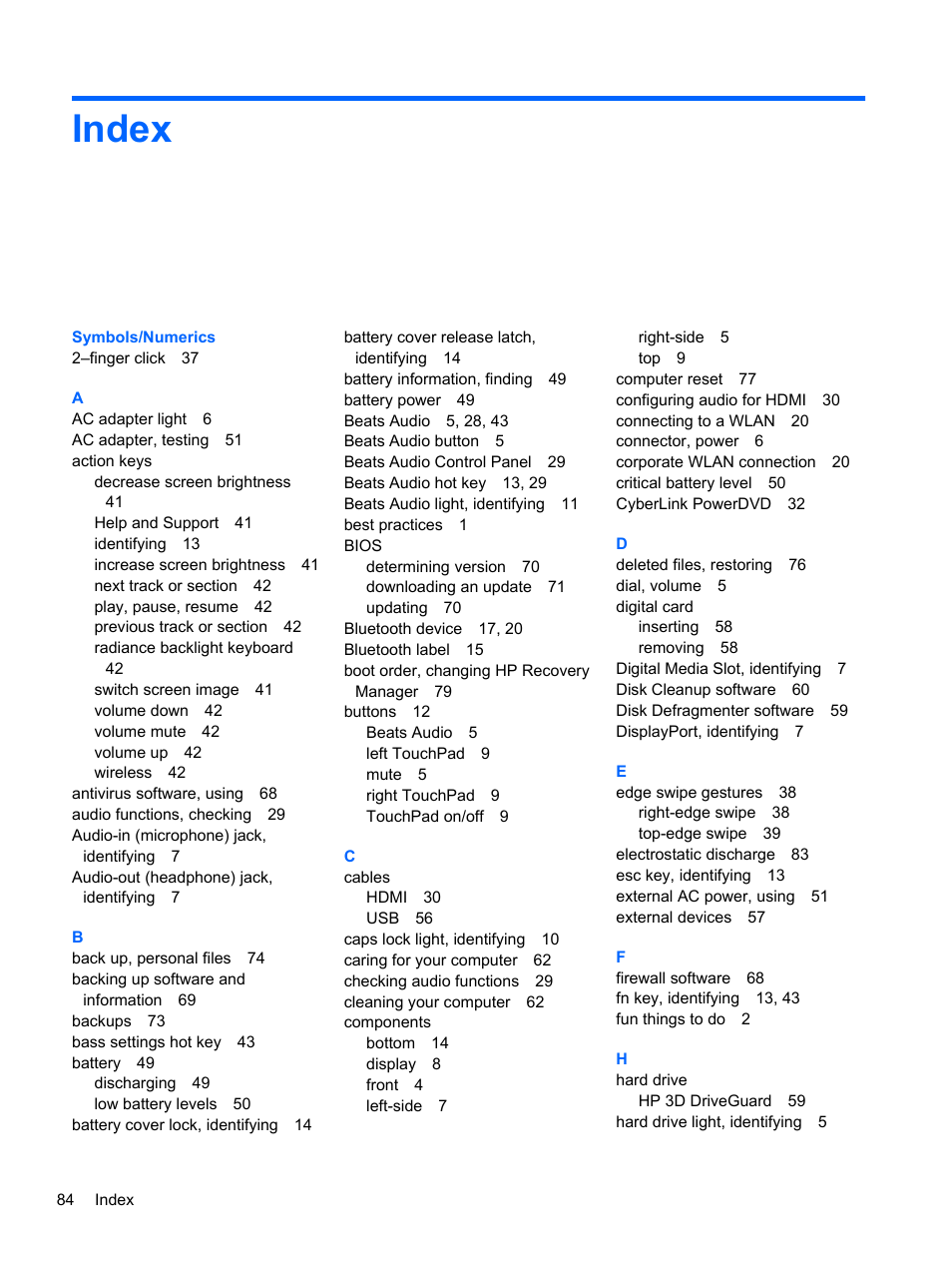 Index | HP Spectre Ultrabook 14-3210nr User Manual | Page 94 / 96