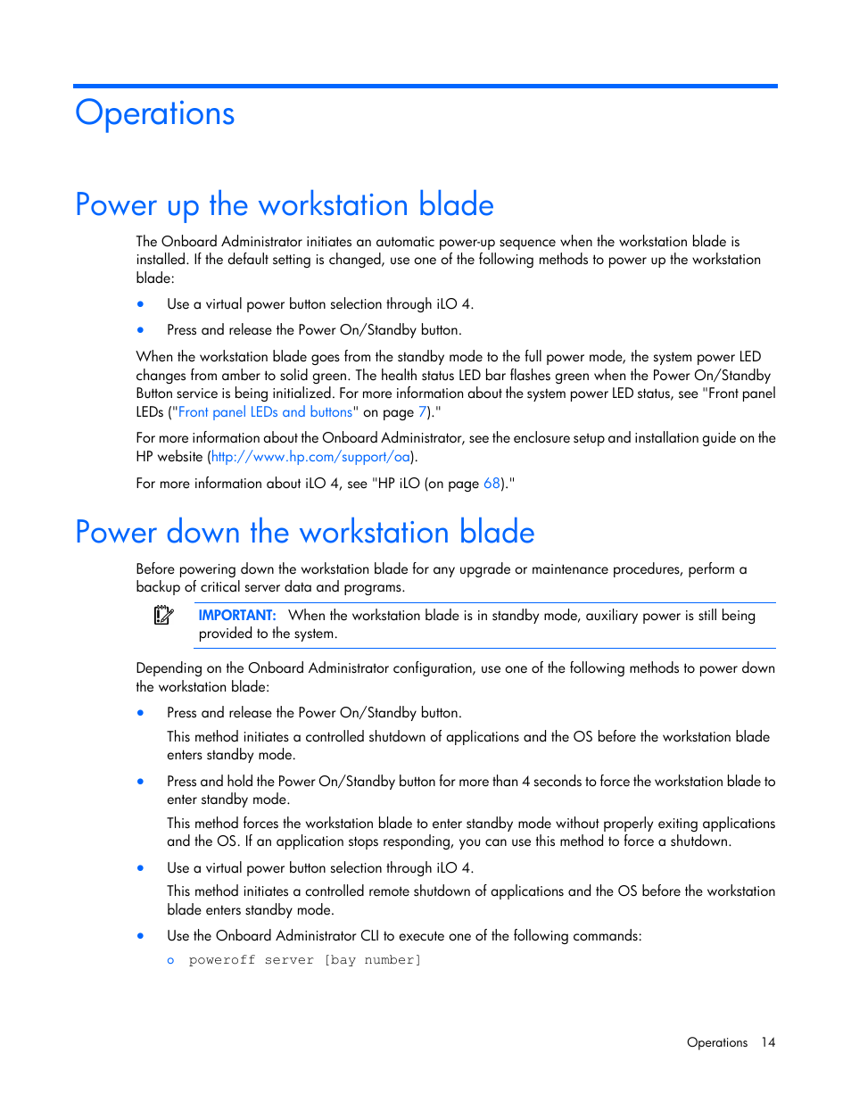 Operations, Power up the workstation blade, Power down the workstation blade | HP ProLiant WS460c Gen8 Graphics Server Blade User Manual | Page 14 / 98