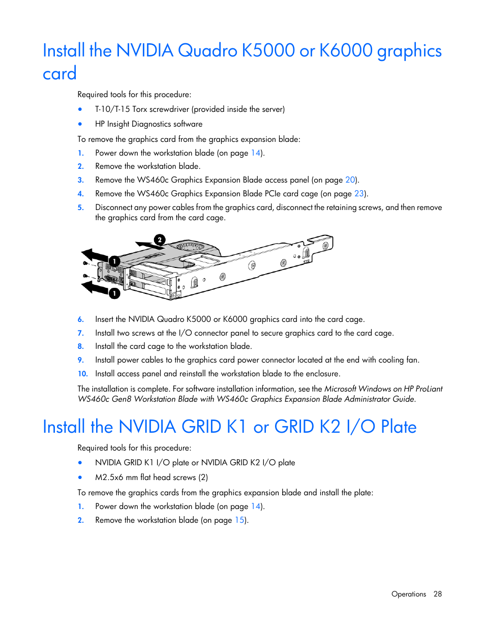 Install the nvidia grid k1 or grid k2 i/o plate | HP ProLiant WS460c Gen8 Graphics Server Blade User Manual | Page 28 / 98