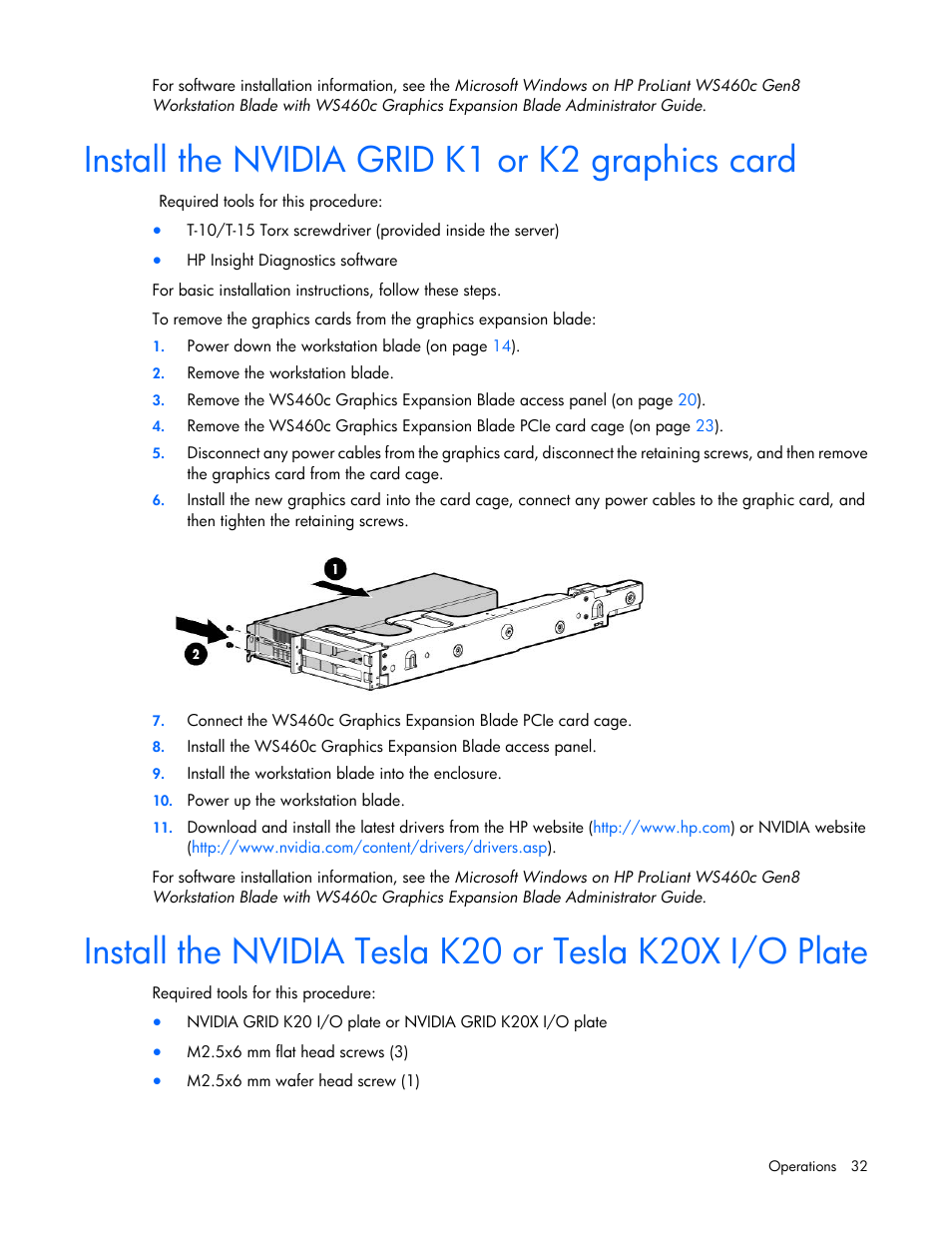 Install the nvidia grid k1 or k2 graphics card | HP ProLiant WS460c Gen8 Graphics Server Blade User Manual | Page 32 / 98