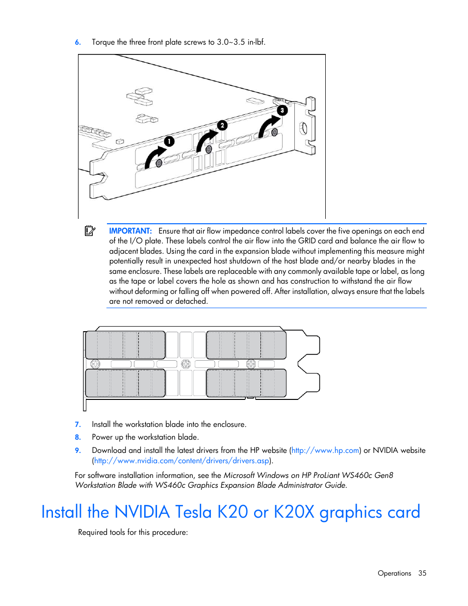 Install the nvidia tesla k20 or k20x graphics card | HP ProLiant WS460c Gen8 Graphics Server Blade User Manual | Page 35 / 98