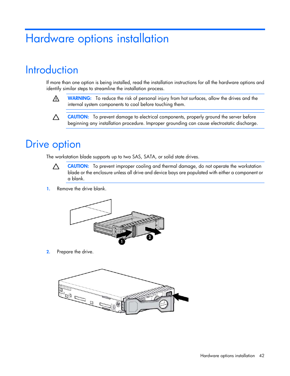 Hardware options installation, Introduction, Drive option | HP ProLiant WS460c Gen8 Graphics Server Blade User Manual | Page 42 / 98
