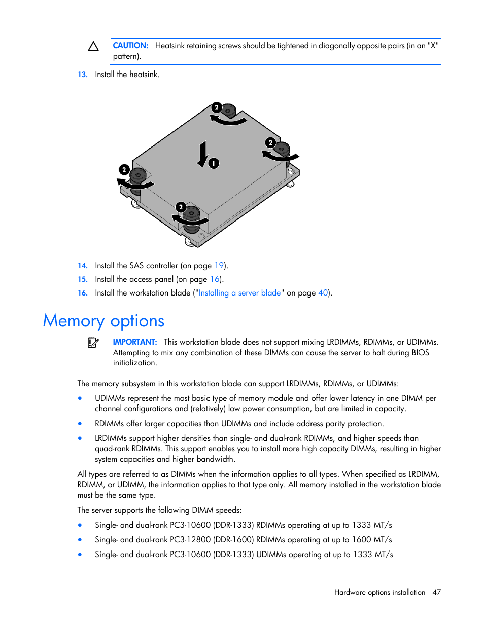Memory options | HP ProLiant WS460c Gen8 Graphics Server Blade User Manual | Page 47 / 98