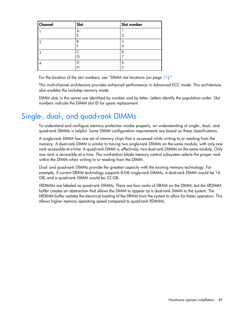 Single-, dual-, and quad-rank dimms | HP ProLiant WS460c Gen8 Graphics Server Blade User Manual | Page 49 / 98