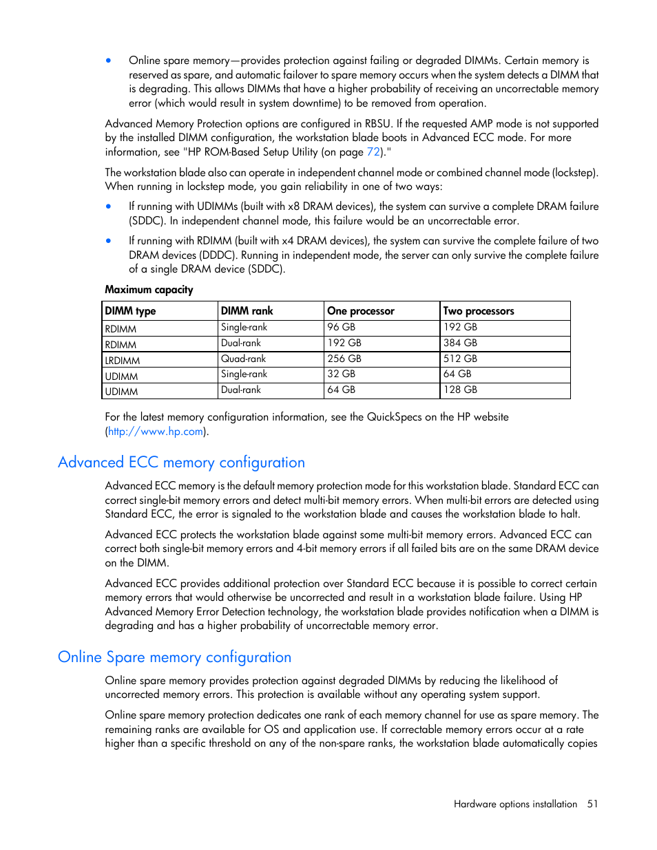 Advanced ecc memory configuration, Online spare memory configuration | HP ProLiant WS460c Gen8 Graphics Server Blade User Manual | Page 51 / 98