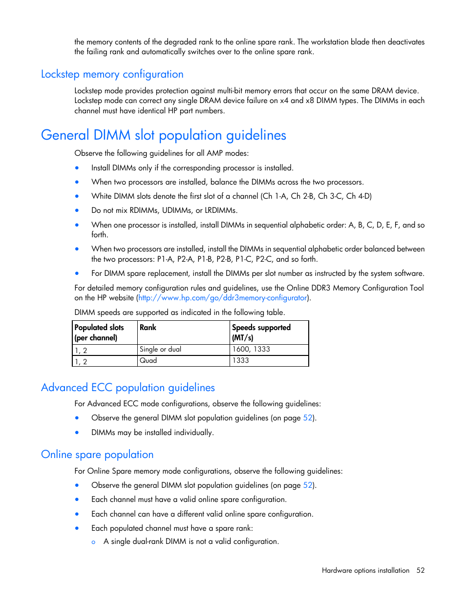 Lockstep memory configuration, General dimm slot population guidelines, Advanced ecc population guidelines | Online spare population | HP ProLiant WS460c Gen8 Graphics Server Blade User Manual | Page 52 / 98