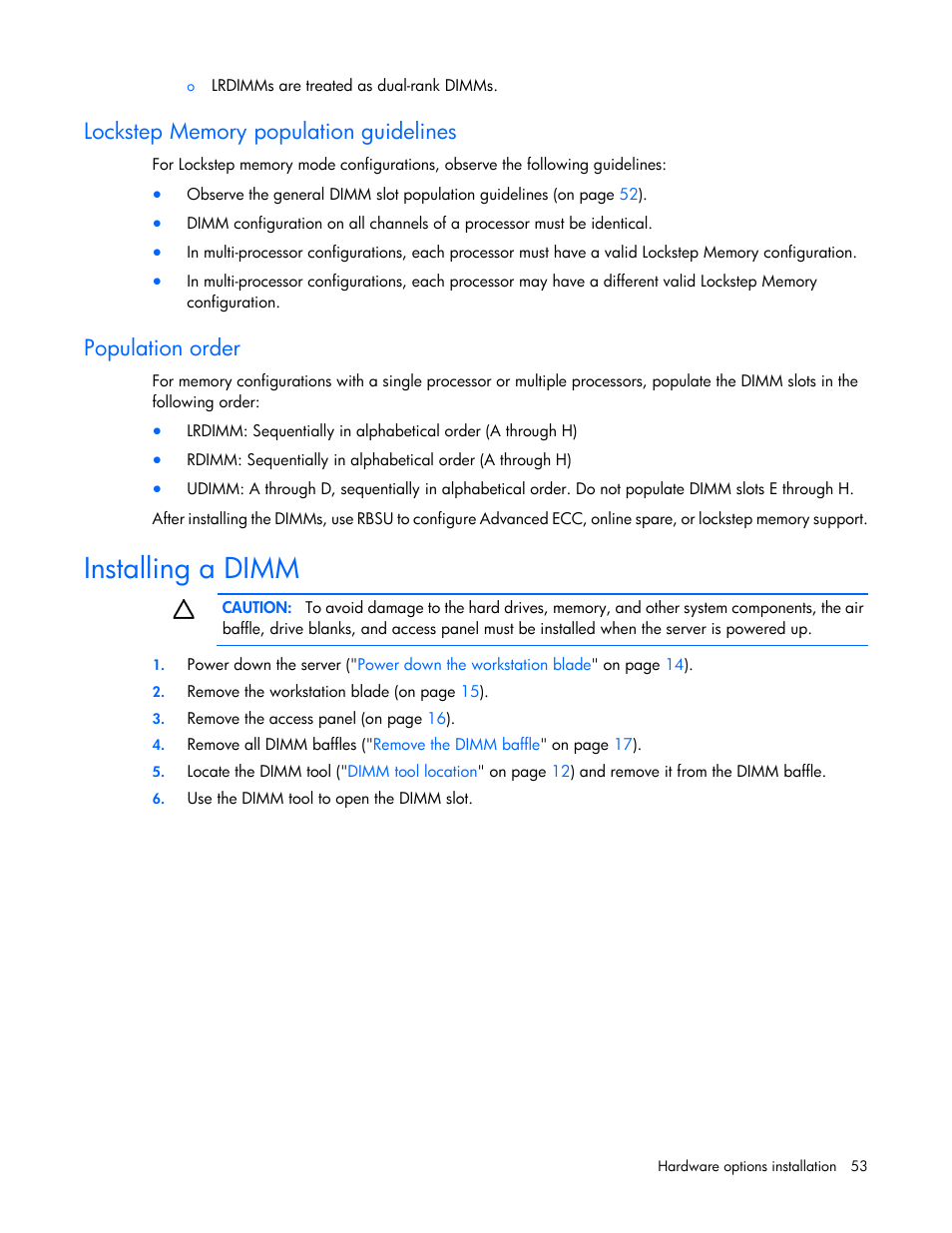 Lockstep memory population guidelines, Population order, Installing a dimm | HP ProLiant WS460c Gen8 Graphics Server Blade User Manual | Page 53 / 98