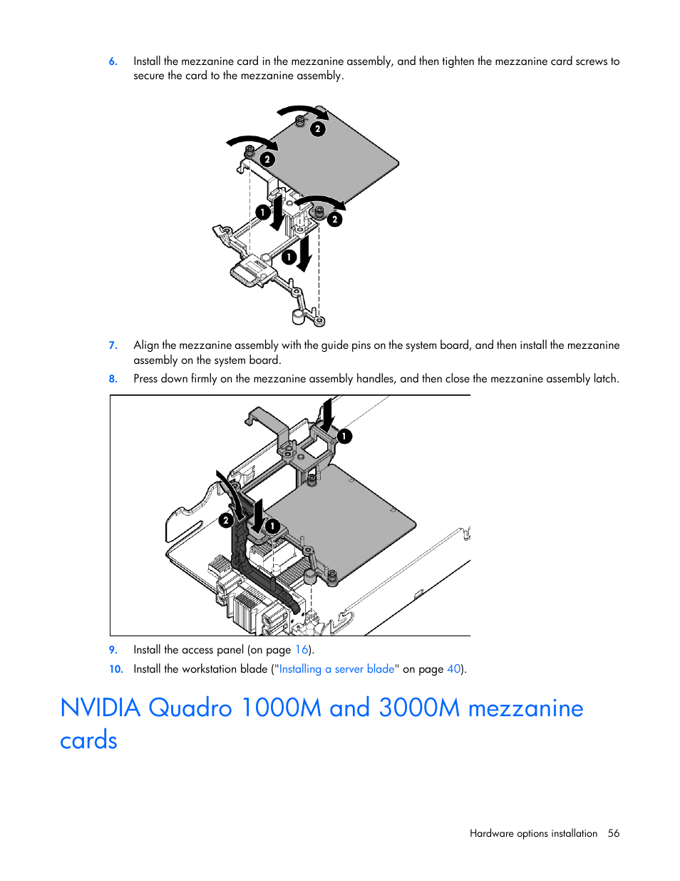 Nvidia quadro 1000m and 3000m mezzanine cards | HP ProLiant WS460c Gen8 Graphics Server Blade User Manual | Page 56 / 98