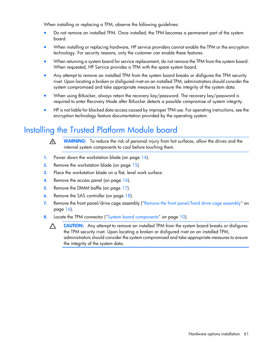 Installing the trusted platform module board | HP ProLiant WS460c Gen8 Graphics Server Blade User Manual | Page 61 / 98