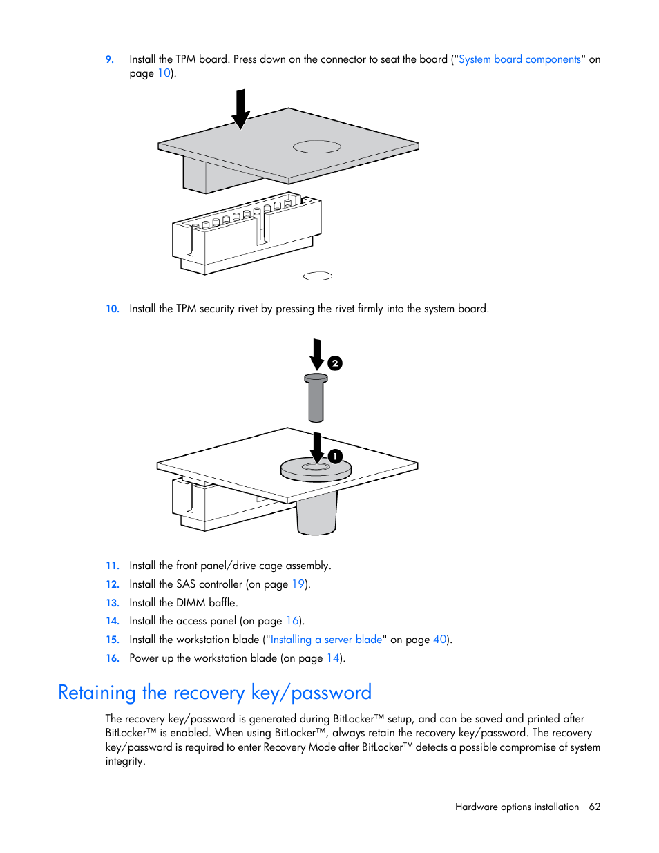 Retaining the recovery key/password | HP ProLiant WS460c Gen8 Graphics Server Blade User Manual | Page 62 / 98
