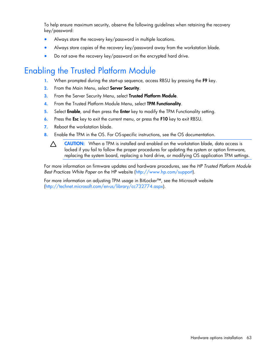 Enabling the trusted platform module | HP ProLiant WS460c Gen8 Graphics Server Blade User Manual | Page 63 / 98