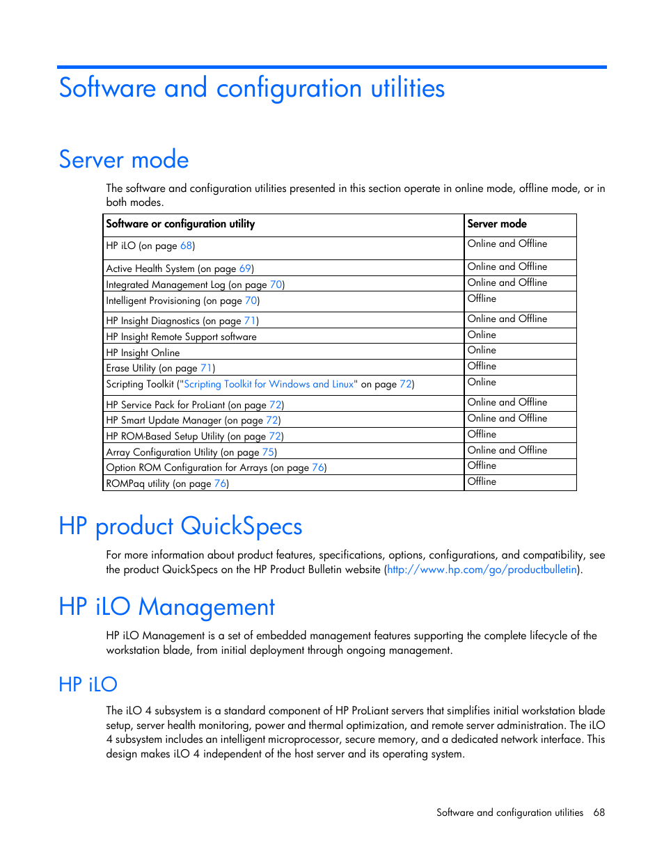 Software and configuration utilities, Server mode, Hp product quickspecs | Hp ilo management, Hp ilo | HP ProLiant WS460c Gen8 Graphics Server Blade User Manual | Page 68 / 98