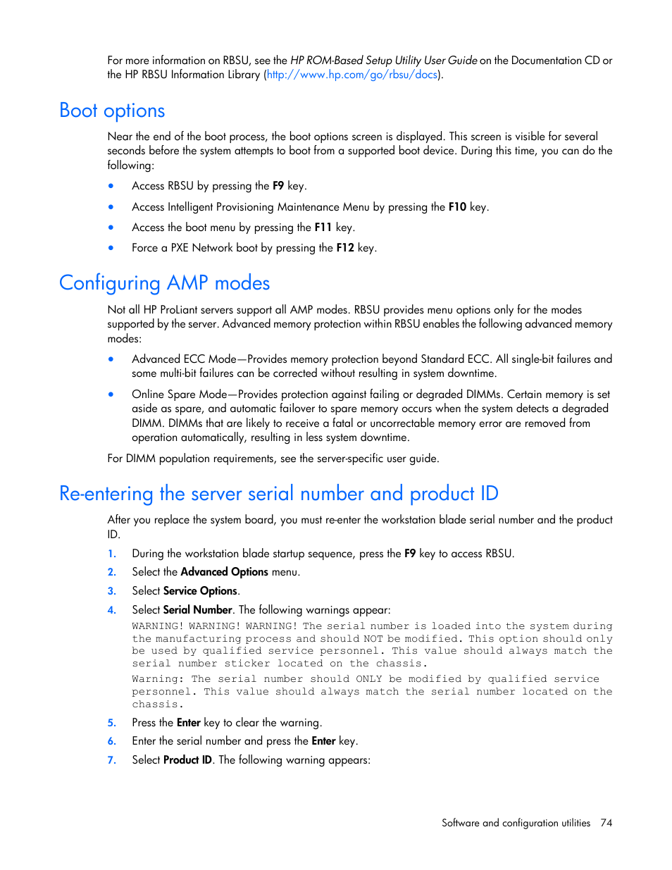Boot options, Configuring amp modes | HP ProLiant WS460c Gen8 Graphics Server Blade User Manual | Page 74 / 98