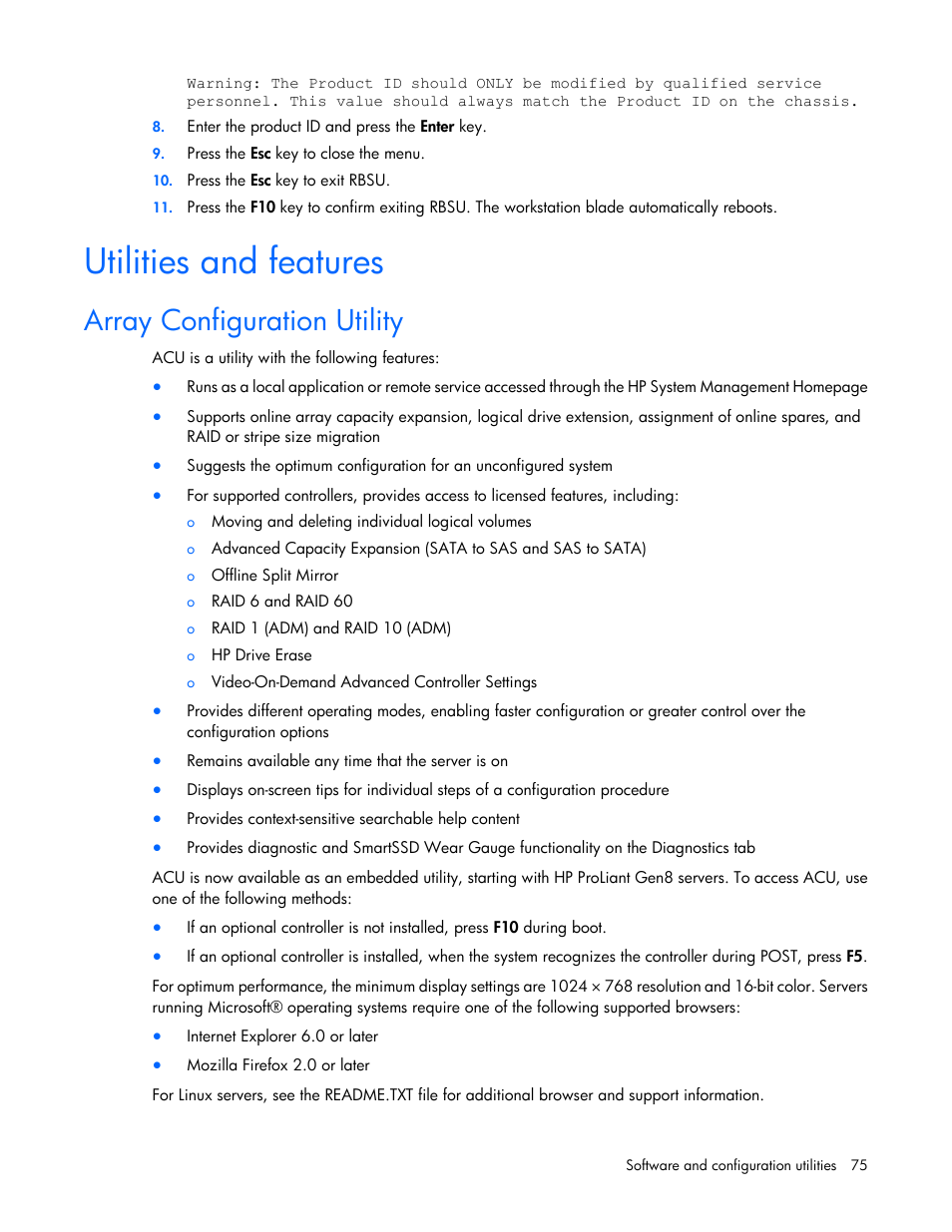 Utilities and features, Array configuration utility | HP ProLiant WS460c Gen8 Graphics Server Blade User Manual | Page 75 / 98