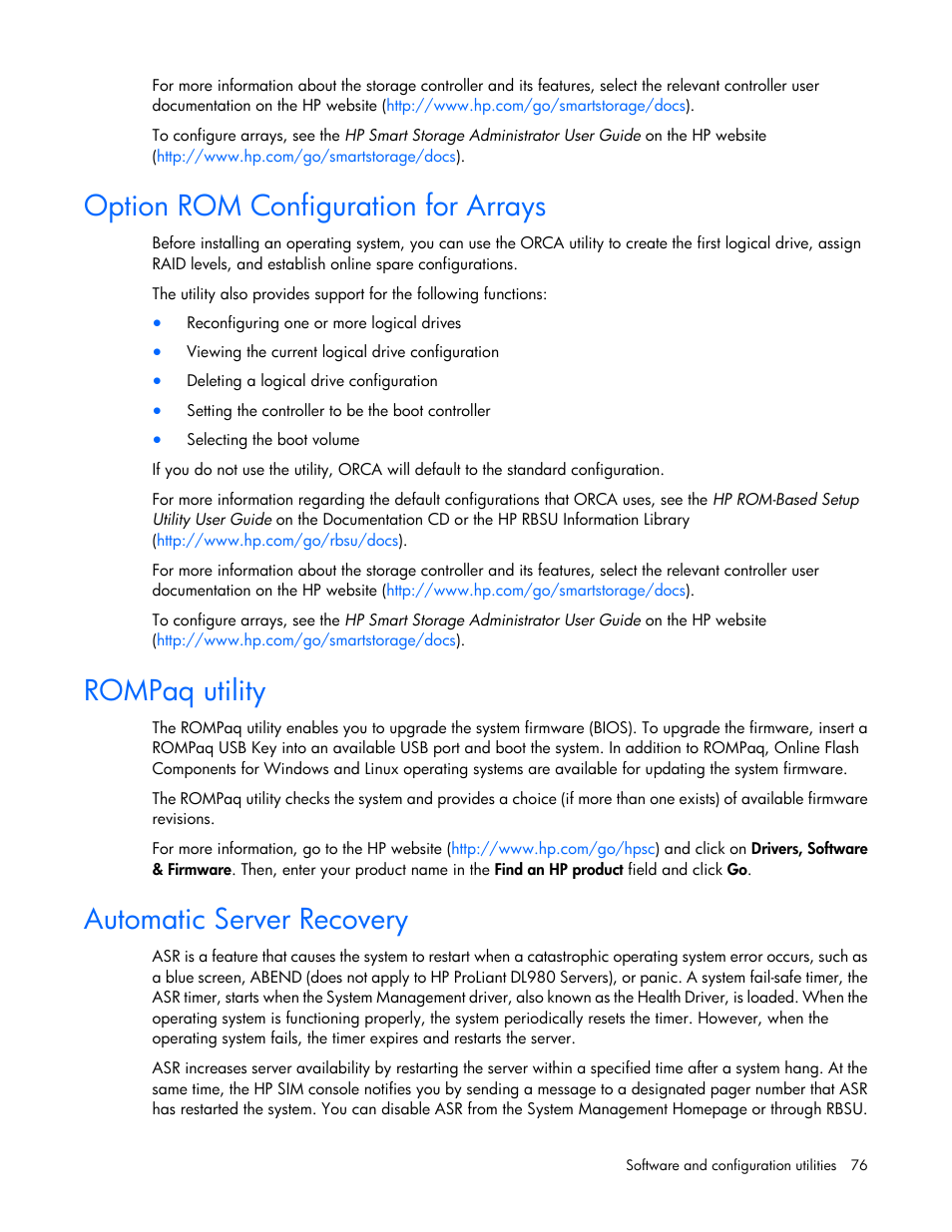 Option rom configuration for arrays, Rompaq utility, Automatic server recovery | HP ProLiant WS460c Gen8 Graphics Server Blade User Manual | Page 76 / 98