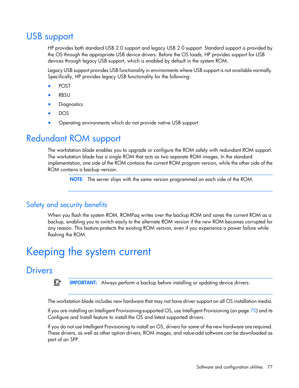 Usb support, Redundant rom support, Safety and security benefits | Keeping the system current, Drivers | HP ProLiant WS460c Gen8 Graphics Server Blade User Manual | Page 77 / 98