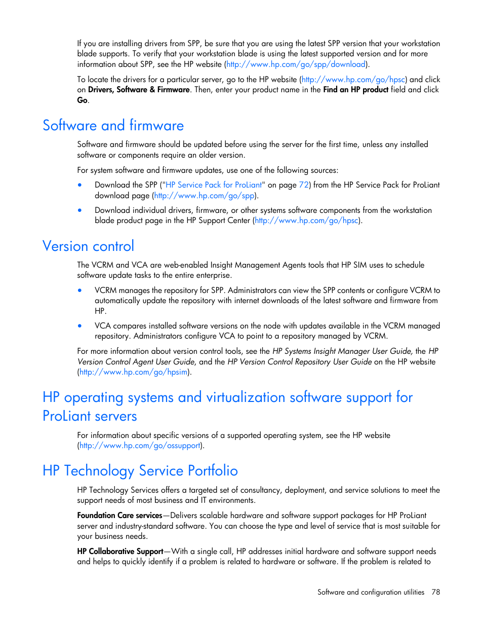 Software and firmware, Version control, Hp technology service portfolio | HP ProLiant WS460c Gen8 Graphics Server Blade User Manual | Page 78 / 98