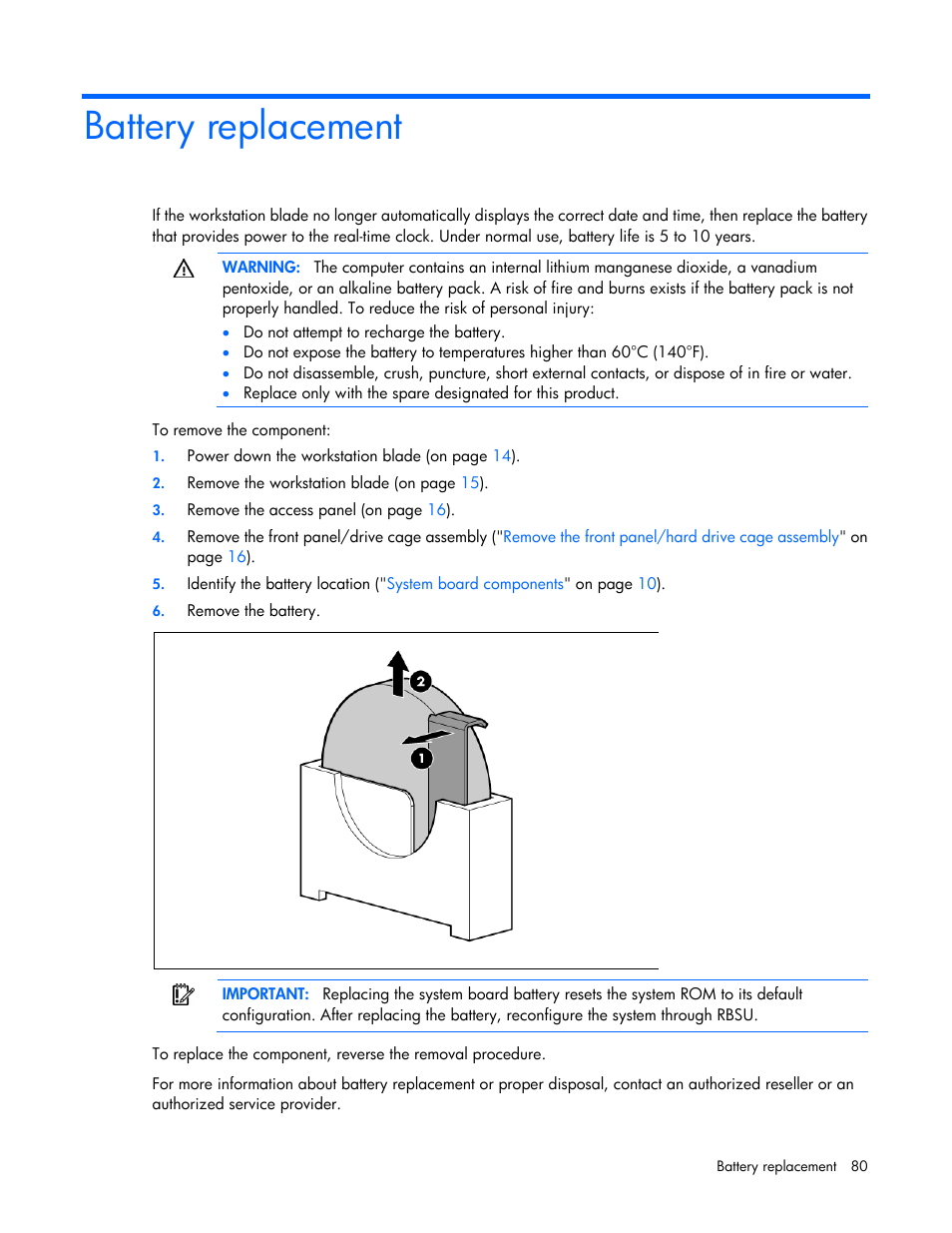 Battery replacement | HP ProLiant WS460c Gen8 Graphics Server Blade User Manual | Page 80 / 98